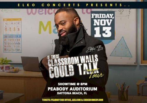 A man promoting a stand-up show at Peabody Auditorium, Daytona Beach FL, with bold text: "If these classroom walls could talk" and event details.