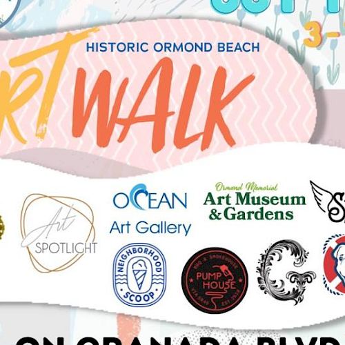 Flyer for Historic Ormond Beach Art Walk with logos and details for an event on Granada Blvd, happening 3-7 PM.