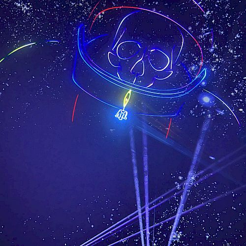 The image shows a neon-style drawing of an astronaut with a skull face, surrounded by stars and beams of light on a dark background.