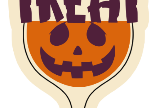 A wine glass with a pumpkin face inside and "SIP & TREAT" written above in bold letters, creating a festive Halloween theme.