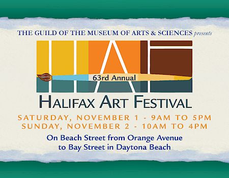 The image is a flyer for the 63rd Halifax Art Festival, occurring November 1-2 on Beach Street, Daytona Beach.