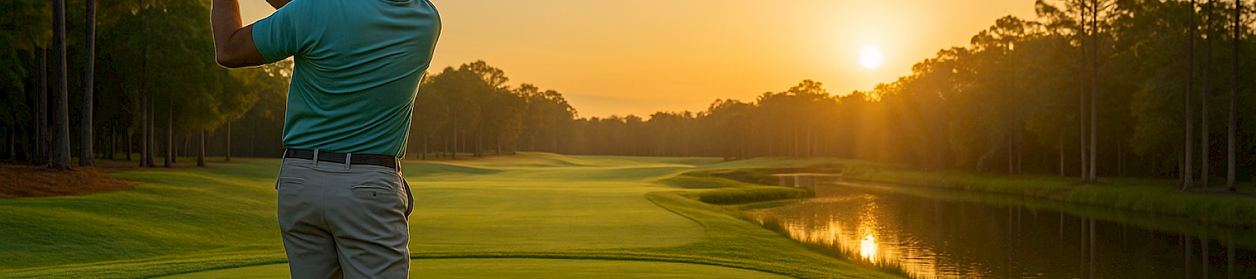 A person plays golf on a scenic course during sunset, surrounded by trees and a water hazard.