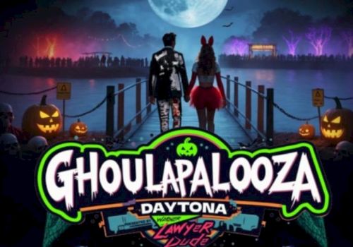 Two figures walk towards a moonlit pier, surrounded by jack-o'-lanterns. Text reads "Ghoulapalooza Daytona Lawyer Dude's."