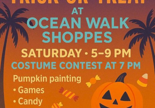 Halloween event poster for Ocean Walk Shoppes with candy, games, and a costume contest. Event on Saturday from 5-9 PM, contest at 7 PM.