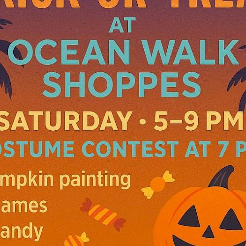Halloween event poster for Ocean Walk Shoppes with candy, games, and a costume contest. Event on Saturday from 5-9 PM, contest at 7 PM.