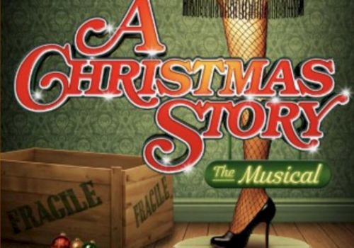 The image shows &ldquo;A Christmas Story&rdquo; with a woman in high heels by a Christmas-tree-themed set and stockings background, the Musical.