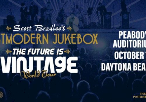 A promotional poster for Scott Bradlee&rsquo;s &ldquo;Timodern Jukebox&rdquo; tour, featuring a crowd, bold vintage-style typography, and event details.