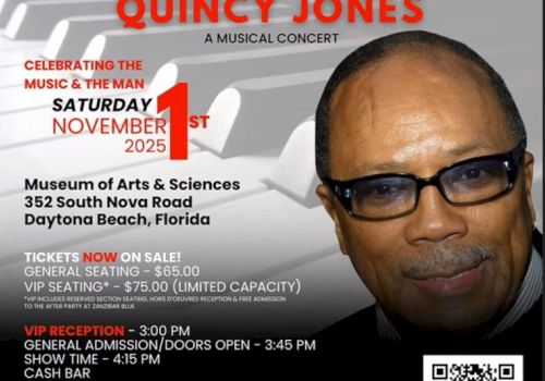 Event poster for a Quincy Jones concert on November 1, 2025, at the Museum of Arts & Sciences, Daytona Beach, Florida.