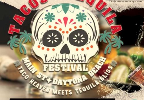 A Taco and Tequila Festival poster featuring a decorative skull and event details in Daytona Beach.