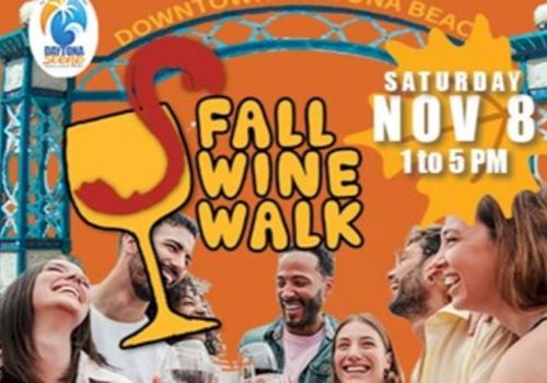 Promotional image for a Fall Wine Walk on Saturday, Nov 8, 1 to 5 PM, featuring smiling people, a wine glass, and event details in orange.