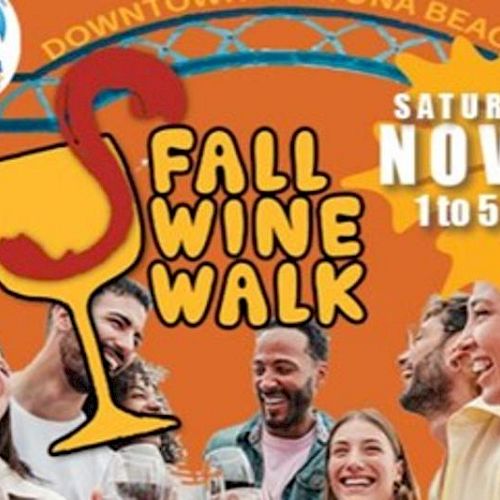 Promotional image for a Fall Wine Walk on Saturday, Nov 8, 1 to 5 PM, featuring smiling people, a wine glass, and event details in orange.