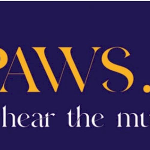 The image shows the text "PAWS... & hear the music" on a dark background.