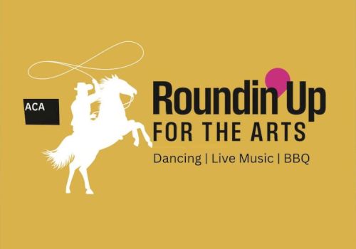 Logo for "Roundin' Up for the Arts" with a cowboy on a horse. Includes "Dancing | Live Music | BBQ" on a mustard yellow background.