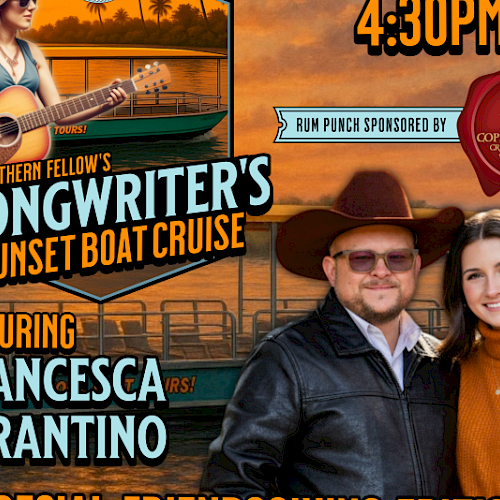 The image is a poster for "Southern Fellow's Songwriter’s Sunset Boat Cruise," featuring Francesca Tarantino, with an event time of 4:30 PM.