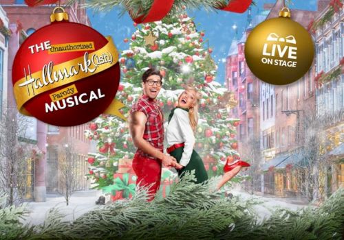 A Christmas musical parody poster showing a couple posing by a huge decorated tree, with &ldquo;The Unauthorized&rdquo; and &ldquo;Live on Stage&rdquo; ornaments.