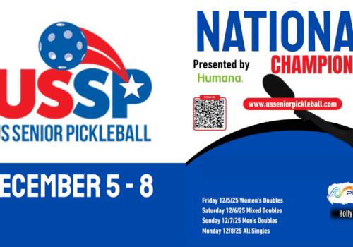 Promotion for US Senior Pickleball National Championship, December 5-8, with event details and sponsor logos.