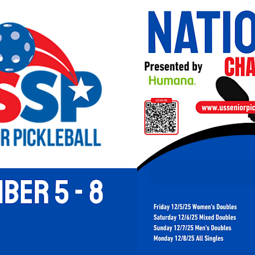 Promotion for US Senior Pickleball National Championship, December 5-8, with event details and sponsor logos.