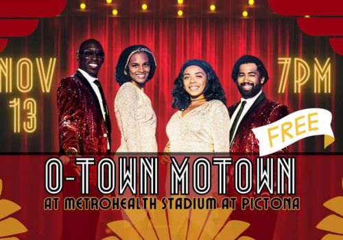 A promotional event poster showing four people in formal outfits on a red stage backdrop, with &ldquo;0&ndash;TOWN MOTOWN&rdquo; and a &ldquo;FREE&rdquo; offer.