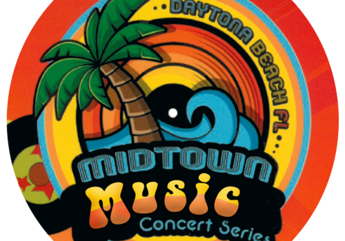 A colorful logo for Daytona Beach, FL&rsquo;s Midtown Music Concert Series, featuring a palm tree, a wave, and bold retro text.