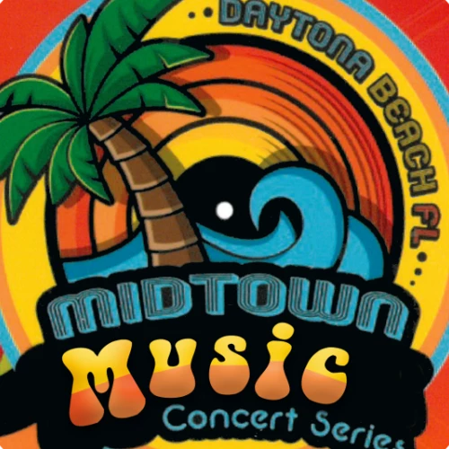 A colorful logo for Daytona Beach, FL&rsquo;s Midtown Music Concert Series, featuring a palm tree, a wave, and bold retro text.