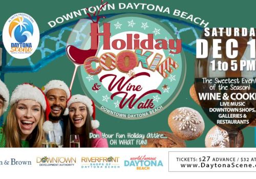 Holiday Wine Walk in Downtown Daytona Beach—festive crowds, winter vibes, live music, wine tastings, shops, and seaside fun on Dec 7th.