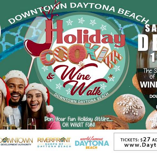 Holiday Wine Walk in Downtown Daytona Beach—festive crowds, winter vibes, live music, wine tastings, shops, and seaside fun on Dec 7th.