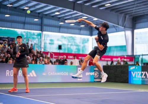 A tennis player in mid-air serving on a blue court, with a referee and crowd watching in a large indoor arena.