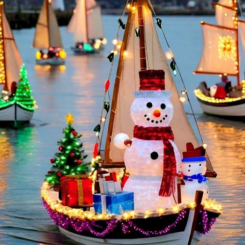 Colorful Christmas boats float on water with illuminated sails, a big snowman centerpiece, gifts, and tiny festive figures aboard.