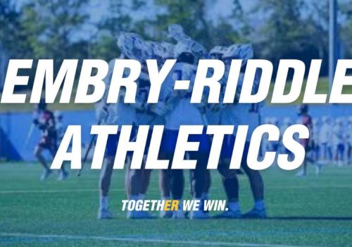 Sports team photo with bold "EMBRY-RIDDLE ATHLETICS" text over players on a football field; tagline "TOGETHER WE WIN."