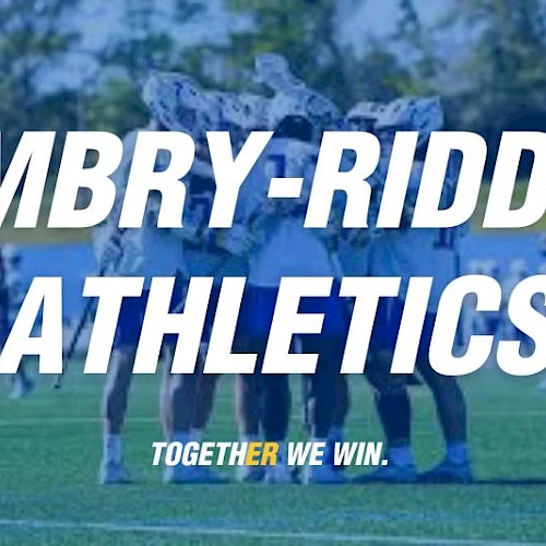 Sports team photo with bold "EMBRY-RIDDLE ATHLETICS" text over players on a football field; tagline "TOGETHER WE WIN."