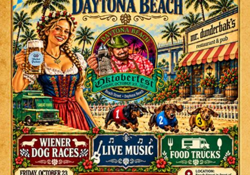 A vintage Daytona Beach Oktoberfest flyer shows German-themed people, live music, food trucks, and Wiener dog races.