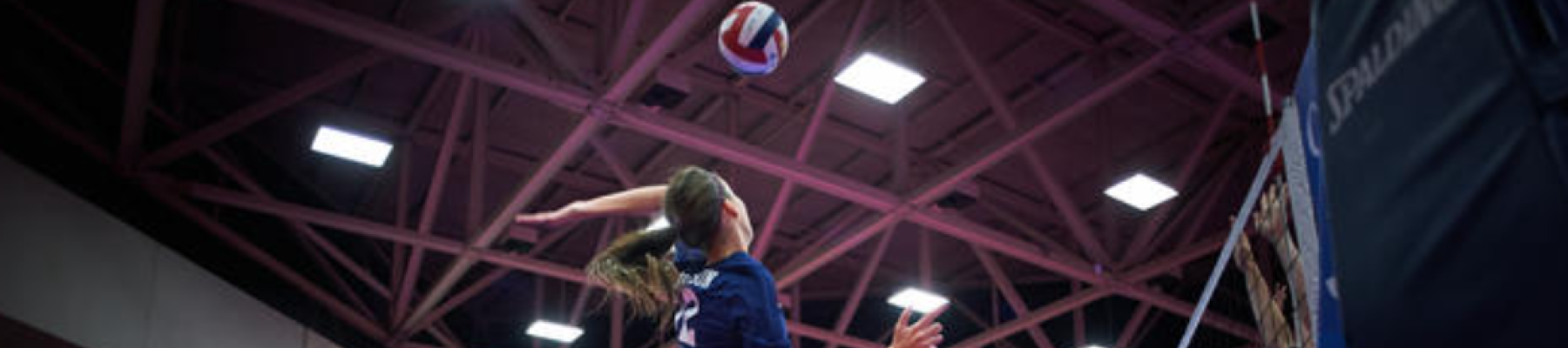 Volleyball action mid-air: a player spikes over the net while teammates and opponents watch on a bright blue court inside a gym.