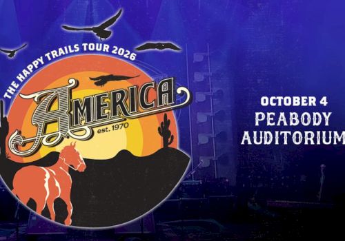 A poster for The Happy Trails Tour 2026, &ldquo;America&rdquo; with a sunset, horses, and birds; event date Oct 4 at Peabody Auditorium.