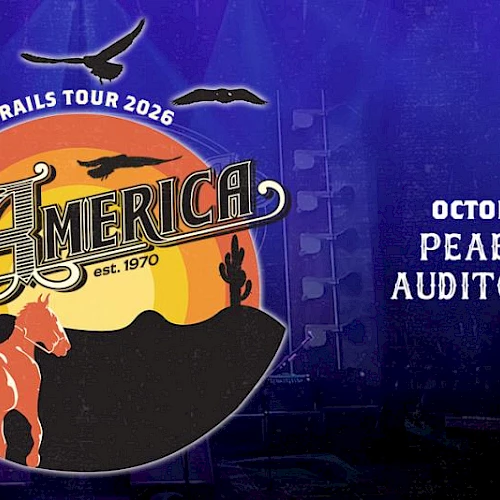 A poster for The Happy Trails Tour 2026, &ldquo;America&rdquo; with a sunset, horses, and birds; event date Oct 4 at Peabody Auditorium.