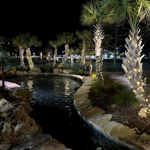A nighttime pool area with illuminated palm trees and a winding stone path around a water feature.