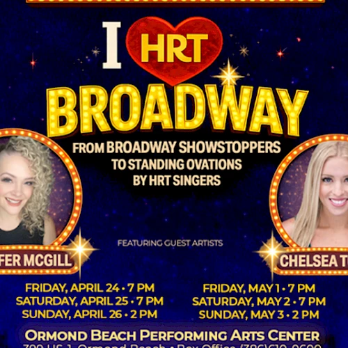 I can&rsquo;t read the full text clearly enough to extract every detail. But it appears to be a poster for &ldquo;I ❤️ HRT Broadway&rdquo; featuring performers Jennifer McGill and Chelsea Turbin, with show dates and venue details. Please provide a higher-res image or confirm the exact wording you want.