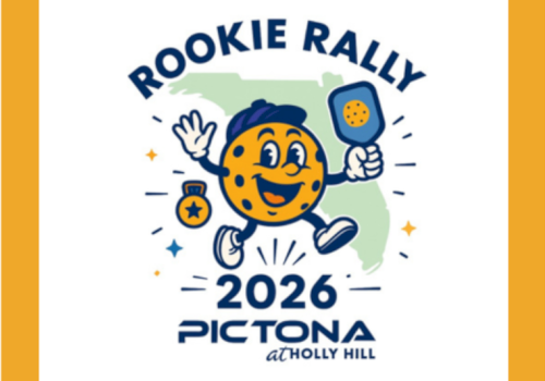 Rookie Rally 2026 Pictona at Holly Hill logo featuring a cheering globe mascot, hammer, and star badges.