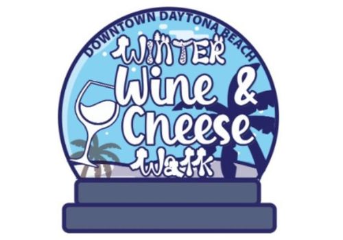 A round logo showing a glass of wine and cheese text: &ldquo;Winter Wine & Cheese Walk&rdquo; with blue, white, and purple colors and &ldquo;Downtown Daytona Beach&rdquo; banner.