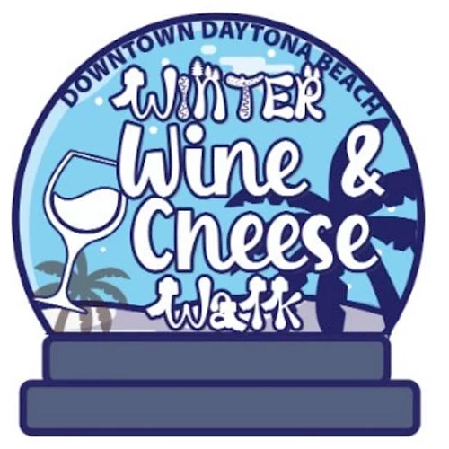 A round logo showing a glass of wine and cheese text: &ldquo;Winter Wine & Cheese Walk&rdquo; with blue, white, and purple colors and &ldquo;Downtown Daytona Beach&rdquo; banner.