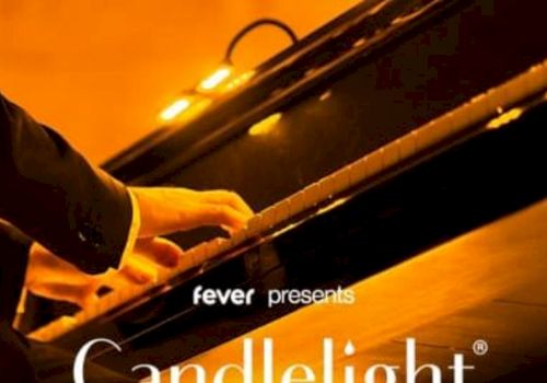 A pianist&rsquo;s hands glide over a piano keyboard under warm candlelight, with the text &ldquo;fever presents Candlelight&rdquo; on the cover.
