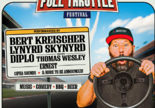 A man wearing a cap grips a race car steering wheel on a colorful festival poster for the Full Throttle Festival at Daytona Beach, 2026.