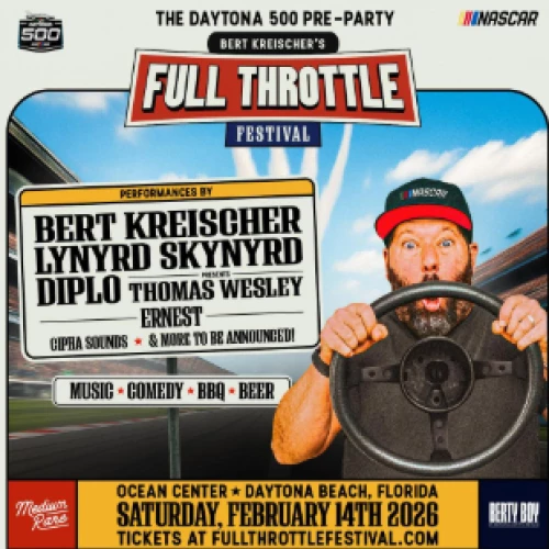 A man wearing a cap grips a race car steering wheel on a colorful festival poster for the Full Throttle Festival at Daytona Beach, 2026.