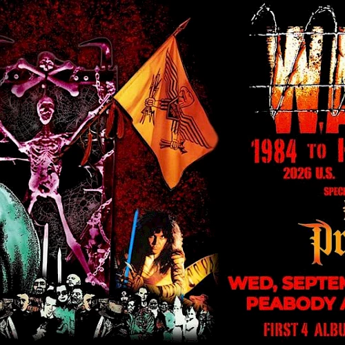A chaotic concert poster collage with skulls, occult imagery, and a bold &ldquo;Witch&rdquo;/band flyer, dramatic red lighting, and a sepia helmeted figure.