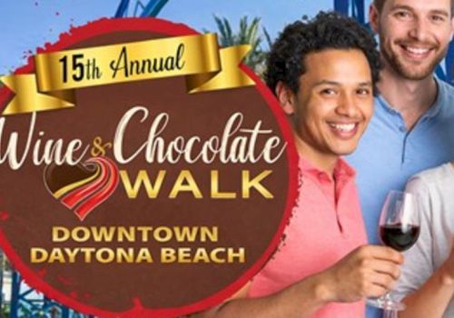 A promotional poster for the 15th Annual Wine & Chocolate Walk in Downtown Daytona Beach.