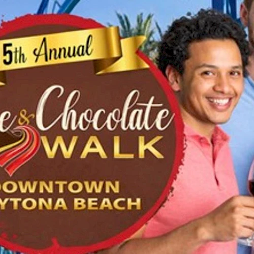 A promotional poster for the 15th Annual Wine & Chocolate Walk in Downtown Daytona Beach.