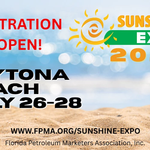 Sunshine Expo 2026 banner on a sunny beach, with &ldquo;Registration is Open!&rdquo; text, dates July 26-28 in Daytona Beach, Florida.