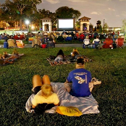 A family-friendly outdoor movie night on a grassy field with people sitting on blankets, chairs, and a big screen in the distance at dusk.