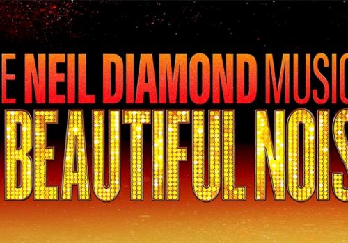 Text says &ldquo;NEIL DIAMOND MUSIC &hellip; BEAUTIFUL NOISE&rdquo; in bold orange/yellow lettering with a gradient sunset background.