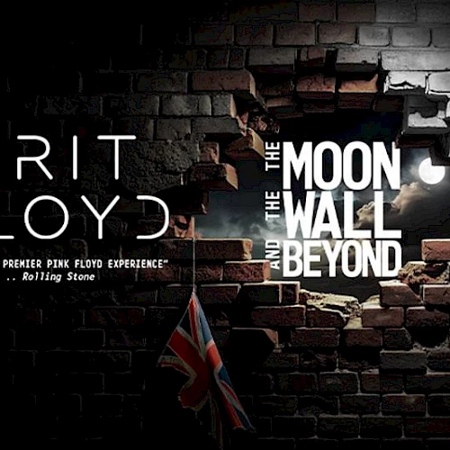 A collage-style poster for &ldquo;BRIT FLOYD: The Moon and Beyond,&rdquo; with a brick wall burst revealing light, Union Jack flag, and bold white text. The moonlit theme sits in the center.