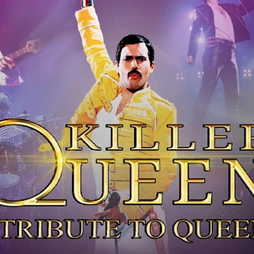 A poster for "Killer Queen: A Tribute to Queen" featuring a lead performer in a yellow jacket, with band members and stage lights in the background.